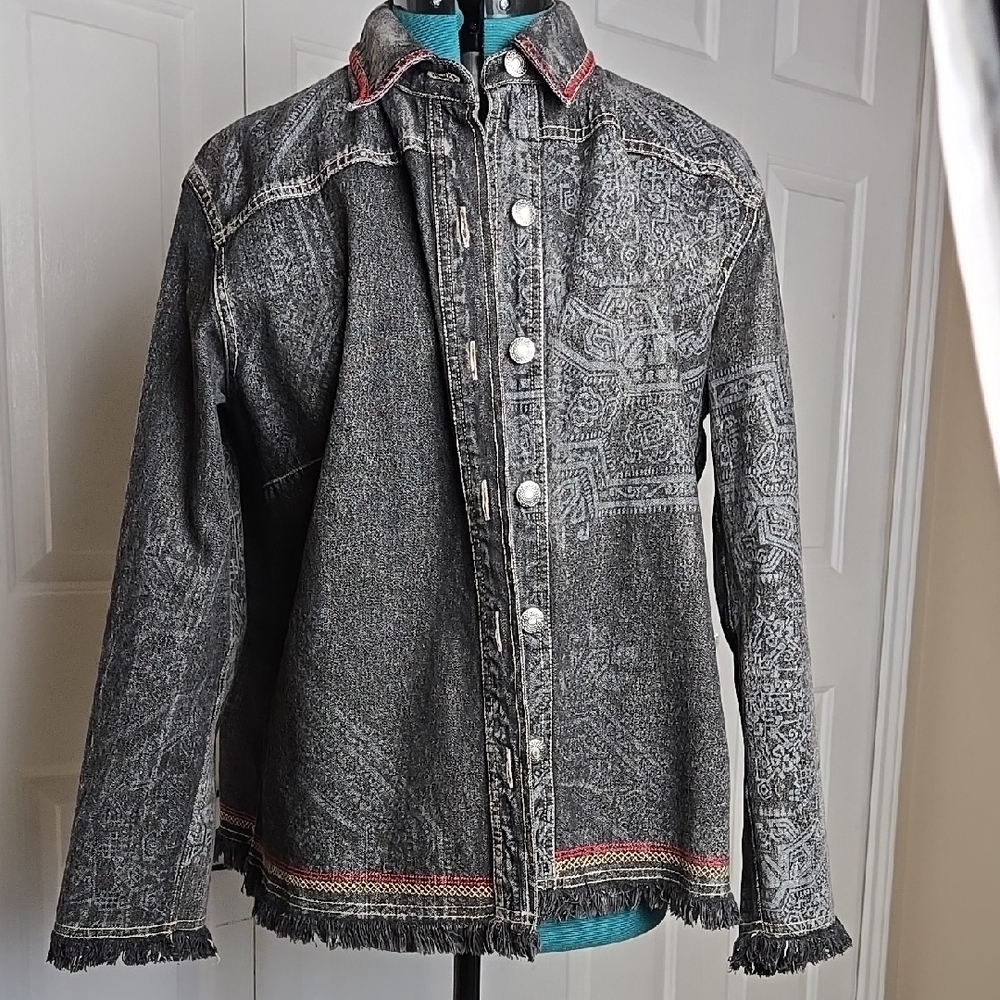 Chico's Design Size 2 Black Denim Jacket w/ Red/Yellow Embroidery Fringe